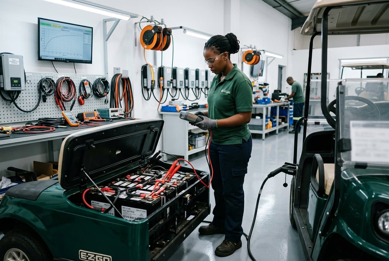 Ergon Golf Carts technician load-testing a lithium battery pack at the battery and charging bench
