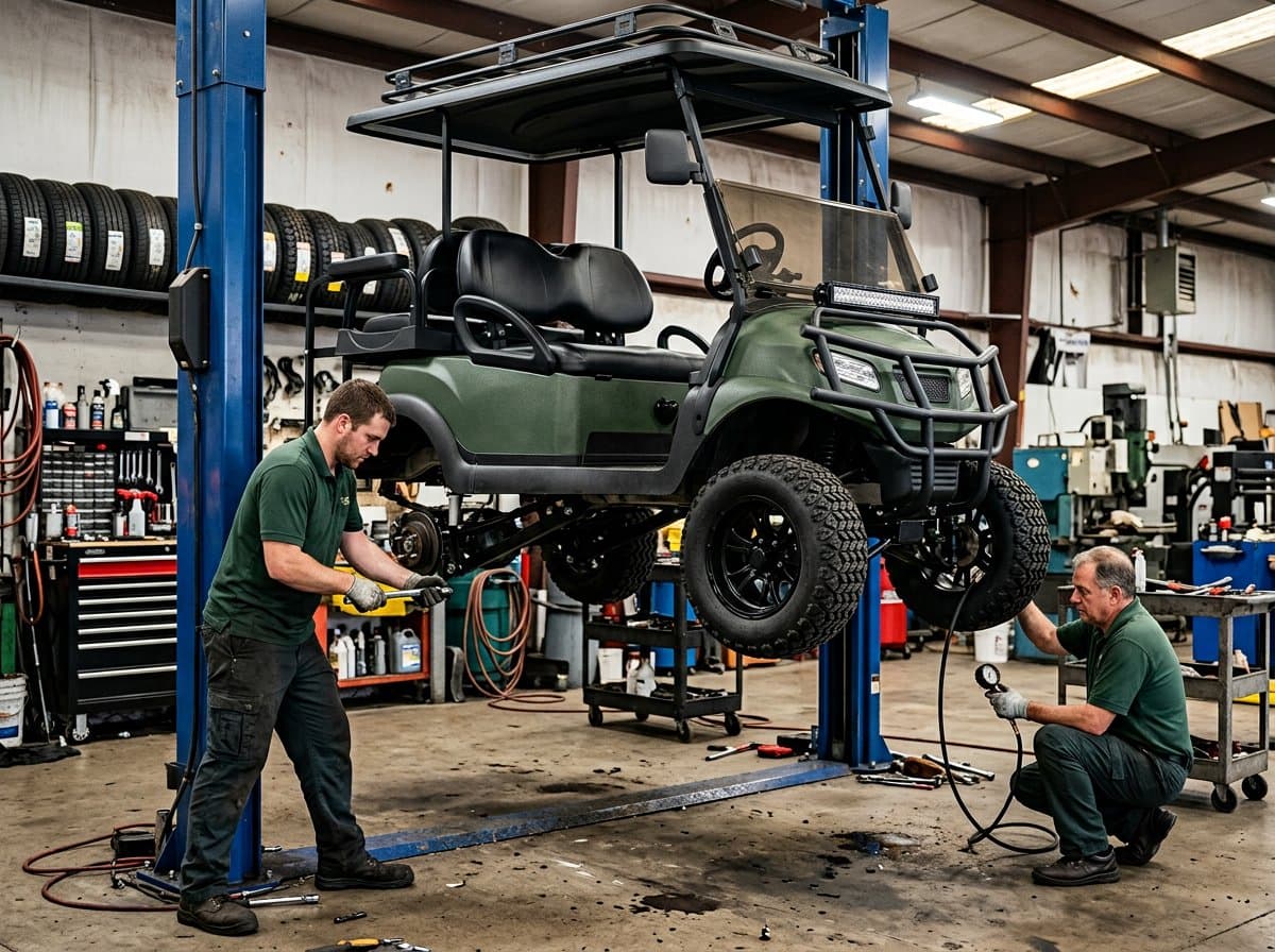 Ergon Golf Carts technicians fitting heavy-duty suspension and all-terrain tyres to a lifted 6-seater golf cart