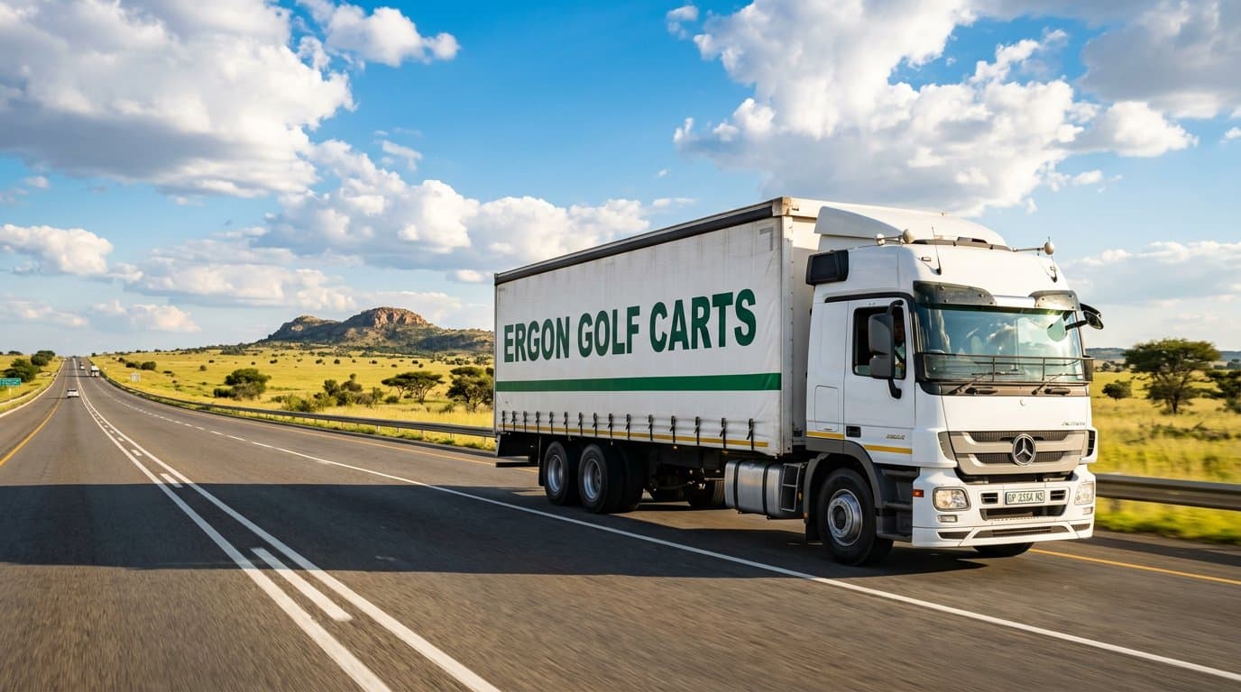 Ergon Golf Carts branded freight truck on a South African national highway delivering golf carts