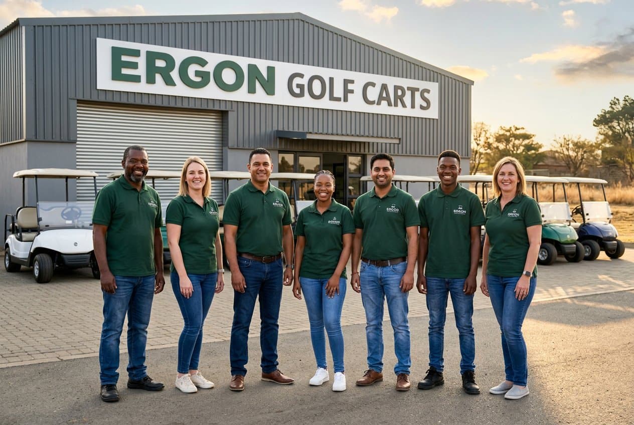 The Ergon Golf Carts team in front of the Vanderbijlpark facility with a row of new golf carts